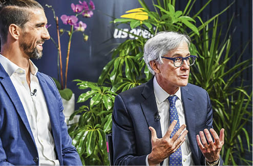 23-Time Olympic Gold Medal Champion Michael Phelps, and USTA Chairman of the Board and President, Dr. Brian Hainline during the Mental Health and Sport: Why It Matters forum at the 2023 US Open, Wednesday, Sep. 6, 2023 in Flushing, NY. (Jennifer Pottheiser/USTA)