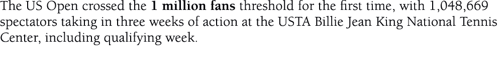 The US Open crossed the 1 million fans threshold for the first time, with 1,048,669 spectators taking in three weeks ...