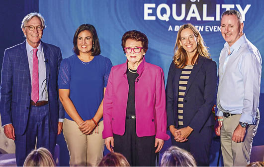 Dr. Brian Hainline, Rep. Nicole Malliotakis, Billie Jean King, Rep. Mikie Sherrill and Rep. Brian Fitzpatrick at the Champions of Equality event at the 2024 US Open on Thursday, Sep. 5, 2024 in Flushing, NY. (Mike Lawrence/USTA)