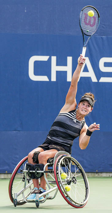 Dana Mathewson serves during a wheelchair women's singles match at the 2023 US Open, Tuesday, Sep. 5, 2023 in Flushing, NY. (Jeff Dean/USTA)