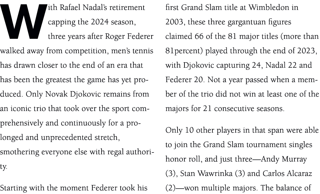 With Rafael Nadal’s retirement capping the 2024 season, three years after Roger Federer walked away from competition,...