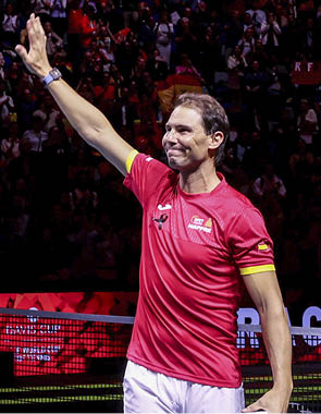 MALAGA, SPAIN - NOVEMBER 19: Rafael Nadal of Team Spain waves to the spectators during his farewell after Spain being knocked out on the quarterfinal tie between Netherlands and Spain during the Davis Cup Finals at Palacio de Deportes Jose Maria Martin Carpena on November 19, 2024 in Malaga, Spain. (Photo by Clive Brunskill/Getty Images for ITF)