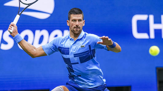 Novak Djokovic hits a forehand during a men's singles match at the 2024 US Open on Wednesday, Aug. 28, 2024 in Flushing, NY. (Darren Carroll/USTA)