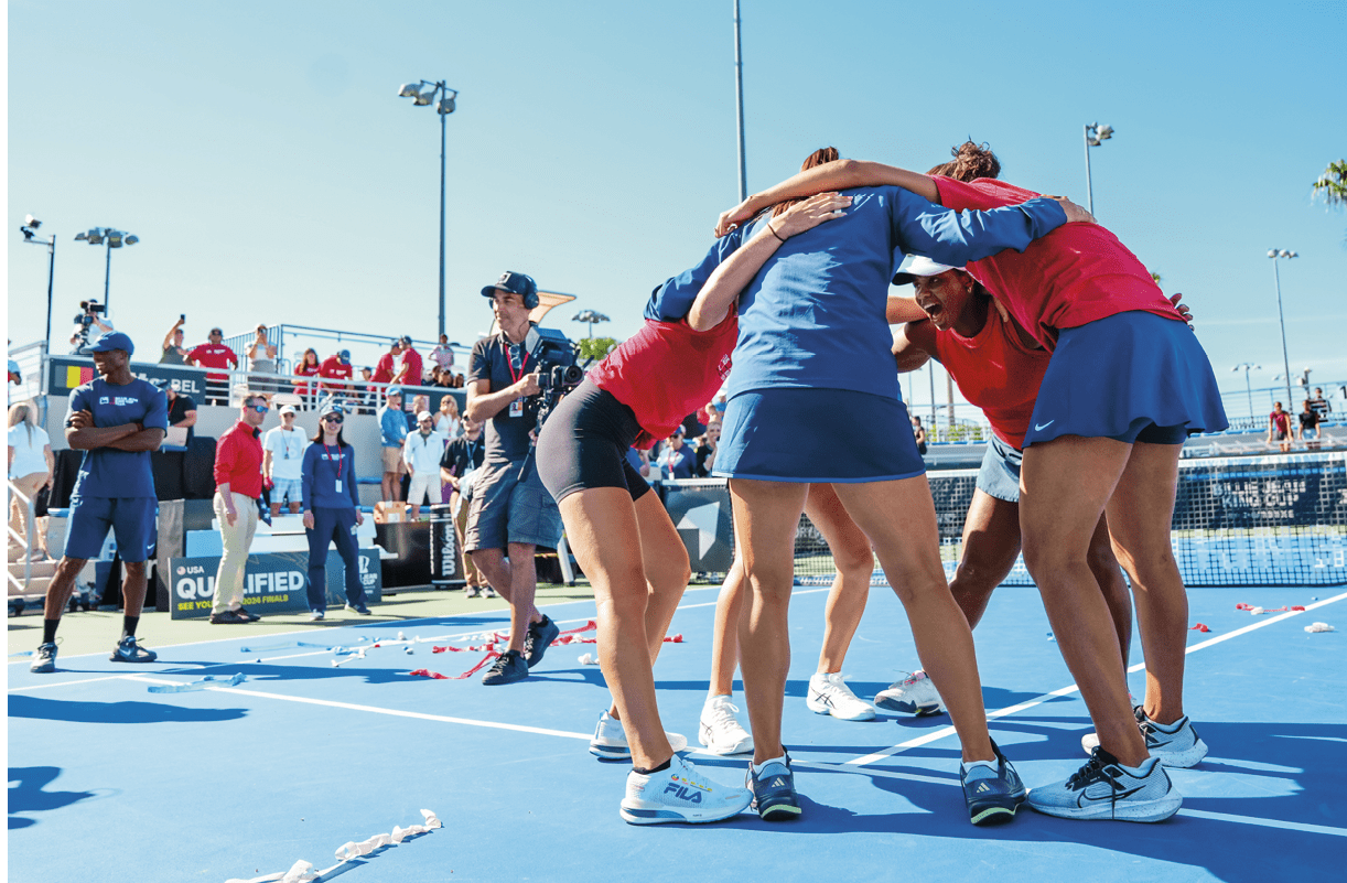 ORLANDO, FLORIDA - APRIL 13: Team USA celebrate after defeating Team Belgium during the Billie Jean King Cup Qualifier match between USA and Belgium at USTA National Campus on April 13, 2024 in Orlando, Florida. (Photo by Rich Storry/Getty Images for ITF)