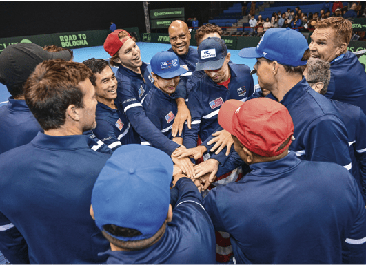 NEW TAIPEI CITY, TAIWAN - FEBRUARY 01: Team USA huddle during day 2 of the Davis Cup Qualifier first round match between Chinese Taipei and USA at Taipei Tennis Center on February 01, 2025 in New Taipei City, Taiwan. (Photo by Atsushi Tomura/Getty Images for ITF)