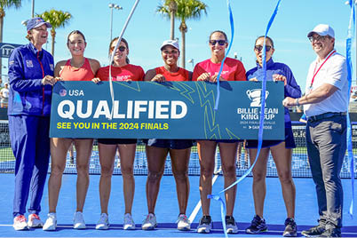 ORLANDO, FLORIDA - APRIL 13: Team USA pose for a photo after qualifying for the Billie Jean King Cup finals during the Billie Jean King Cup Qualifier match between USA and Belgium at USTA National Campus on April 13, 2024 in Orlando, Florida. (Photo by Rich Storry/Getty Images for ITF)