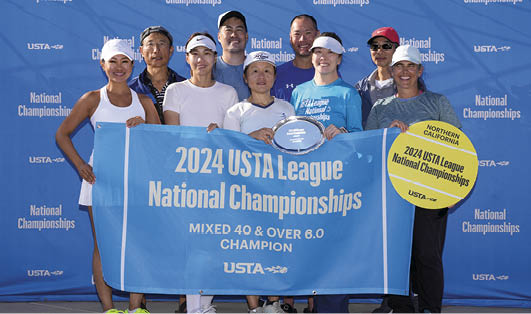 November 10, 2024 – (left to right) Keryun Dukellis, Andrew Wu, Jieying Shi, Mark Chao, Amy Yang, Kevin Shen, Zhen Liu, Tom Wang and Elizabeth Shen of the NorCal section came in first place in the Mixed 40 & Over 6.0 League National Championship at the Barnes Tennis Center in San Diego, California.