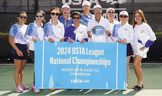 November 10, 2024 - (left to right front) Emelie Nguyen, Chunyan Chen, Anna Li, Meng-Chieh Lee, Michael Gu, Jenny Xu, Nicole Doan, (left to right back) DJ Zheng, Tommy Tian and Jon Wang of the Southern California section came in first place in the Mixed 40 & Over 7.0 League National Championship at the USTA National Campus in Orlando, Florida.