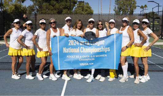 From left, Judy Tanita, Christina Semba, Dana Guillet, Kate O’Hanlan, Sally Ann Reiss, Trish Collins, Susan Miller Hornbeek, Angie Holman, Olivia Ward, Ruth Taylor, Eunju Sagurton, Sylvia Thompson of the NorCal Women’s section came in 1st place in the Adult 55 & Over 6.0 League National Championship at Indian School Park Tennis Center in Scottsdale, Arizona.