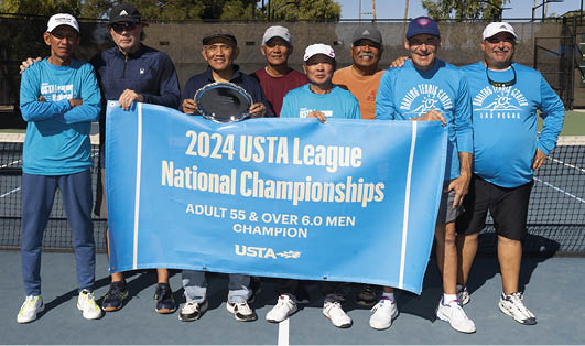 From left, Khan Quoc Nguyen, Scott Hawkins, Alfredo Sabillo, Ted Dela Cruz, Bill Mooc, Rey Braganza, Mike Rosenthal and Mike Rudolph of Intermountain Men’s came in 1st place in the Adult 55 & Over 6.0 League National Championship at Indian School Park Tennis Center in Scottsdale, Arizona.