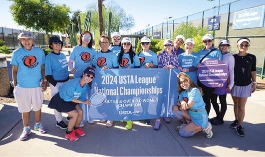 November 10, 2024 – (left to right) Heidi Schuler, Khin Aye, Tai Sisson, Jessie Zhang, Shirley Flores, Ping Chen, Jane Wang, Krislea Manuva, Mai Gu, Wendi Chen, Ying Li, Amy Liang, Elena Salinas, Darlene Scott, Chelsea Li of the Southern California section came in first place in the Adult 55 & Over 8.0 League National Championship at the Scottsdale Ranch Park and Tennis Center in Scottsdale, Arizona.
