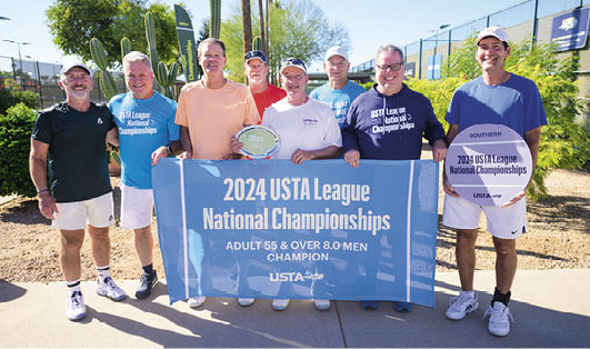 November 10, 2024 – (left to right) Jeffrey Willingham, Todd Wenzel, John Clancy, Raymond Dukes, Ron Pinto, Mike Fuller, Michael Lambert, Joe Menna of the Southern section came in first place in the Adult 55 & Over 8.0 League National Championship at the Scottsdale Ranch Park and Tennis Center in Scottsdale, Arizona.