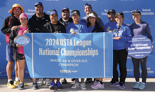 November 10, 2024 – (left to right) Bradley Uy, Trisha Inafuku, Chad Shibuya, Colleen Oshiro, Brian Cardona, Denise Yamada, Robert Tokunaga, Dayna Luka, Lloyd Yamada, Ean Smith and Peggy Watanabe of the Hawaii Pacific section came in first place in the Mixed 40 & Over 8.0 League National Championship at the Barnes Tennis Center in San Diego, California.