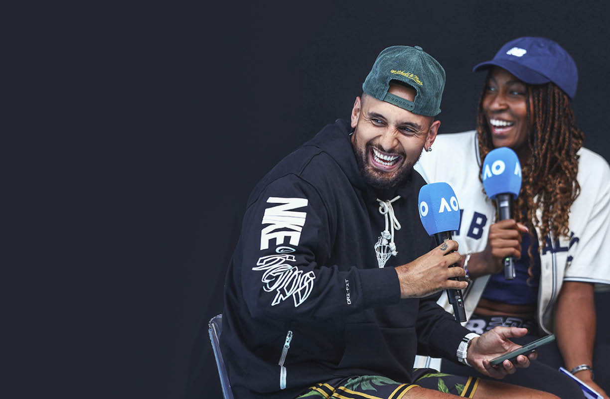 MELBOURNE, AUSTRALIA - JANUARY 12: Nick Kyrgios of Australia (L) interviews Coco Gauff of the United States ahead of the 2024 Australian Open at Melbourne Park on January 12, 2024 in Melbourne, Australia. (Photo by Graham Denholm/Getty Images)