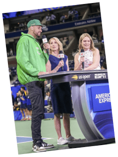 Tennis player Nick Kyrgios with ESPN hosts Chrissie Evert and Chris McKendry before the women's singles semifinal match at the 2024 US Open on Thursday, Sep. 5, 2024 in Flushing, NY. (Garrett Ellwood/USTA)