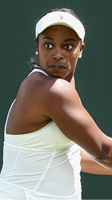 LONDON, ENGLAND - JULY 05: Sloane Stephens of United States plays a backhand against Rebecca Peterson of Sweden during the Women's Singles first round match on day three of The Championships Wimbledon 2023 at All England Lawn Tennis and Croquet Club on July 05, 2023 in London, England. (Photo by Michael Regan/Getty Images)