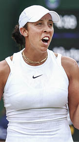 LONDON, ENGLAND - JULY 05: Madison Keys of United States celebrates winning match point as she plays against Marta Kostyuk of Ukraine in her Ladies' Singles third round match during day five of The Championships Wimbledon 2024 at All England Lawn Tennis and Croquet Club on July 05, 2024 in London, England. (Photo by Clive Brunskill/Getty Images)
