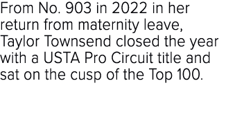 From No. 903 in 2022 in her return from maternity leave, Taylor Townsend closed the year with a USTA Pro Circuit titl...