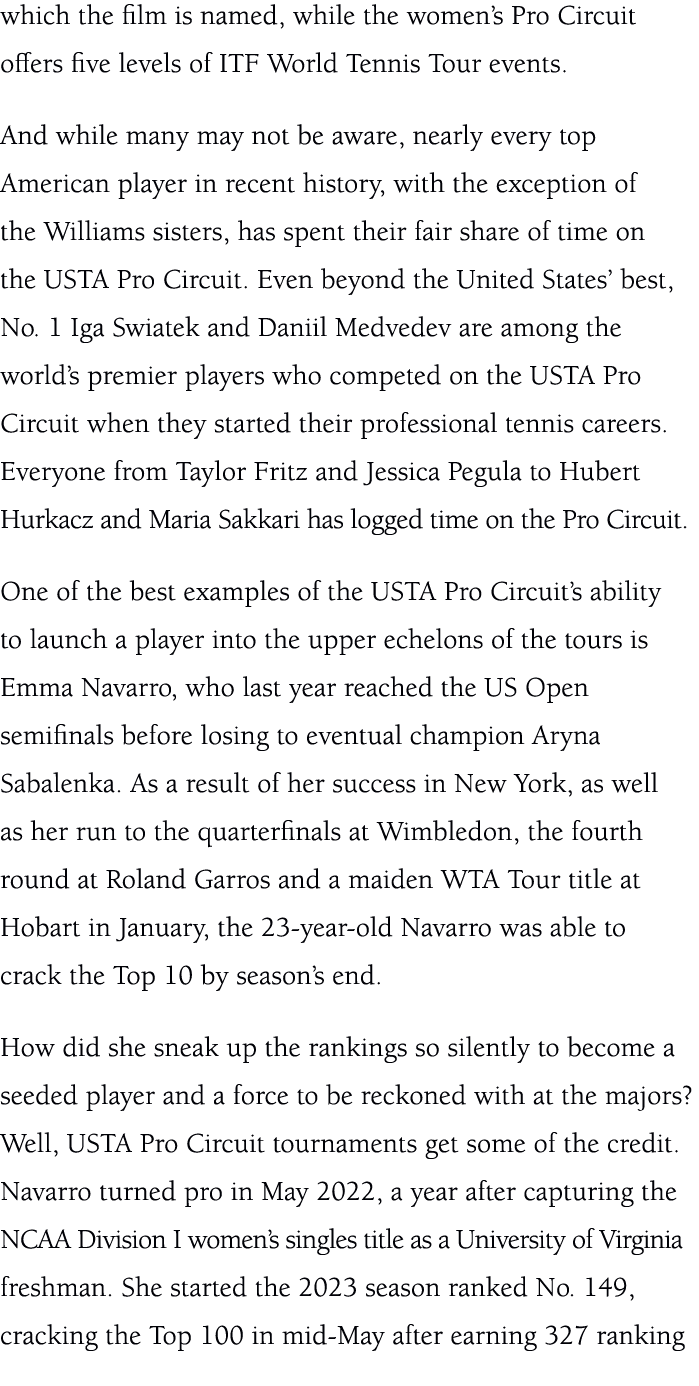 which the film is named, while the women’s Pro Circuit offers five levels of ITF World Tennis Tour events. And while ...