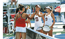 ORLANDO, FL - MAY 19: Katarina Jokic and Lourdes Carle of the University of Georgia shake hands with Caroline Lampl and Kimberly Yee of Stanford University during the Women’s Championship doubles matches between Stanford University and the University of Georgia during the 2019 NCAA National Championships at the USTA National Campus in Orlando, Florida on May 19, 2019. (Photo by Joe Murphy/USTA)