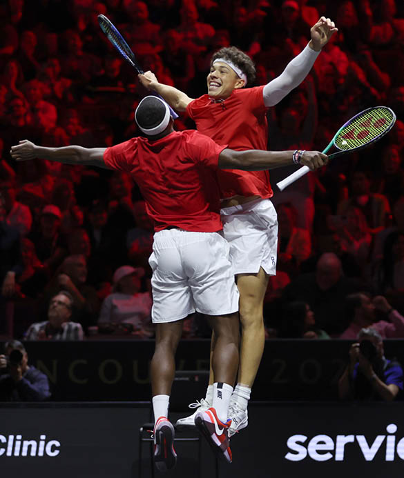 VANCOUVER, BRITISH COLUMBIA - SEPTEMBER 24: Ben Shelton of Team World and Frances Tiafoe of Team World react to match point in their doubles match after defeating Andrey Rublev of Team Europe and Hubert Hurkacz of Team Europe to win the Laver Cup for Team World during day three of the Laver Cup at Rogers Arena on September 24, 2023 in Vancouver, British Columbia. (Photo by Clive Brunskill/Getty Images for Laver Cup)