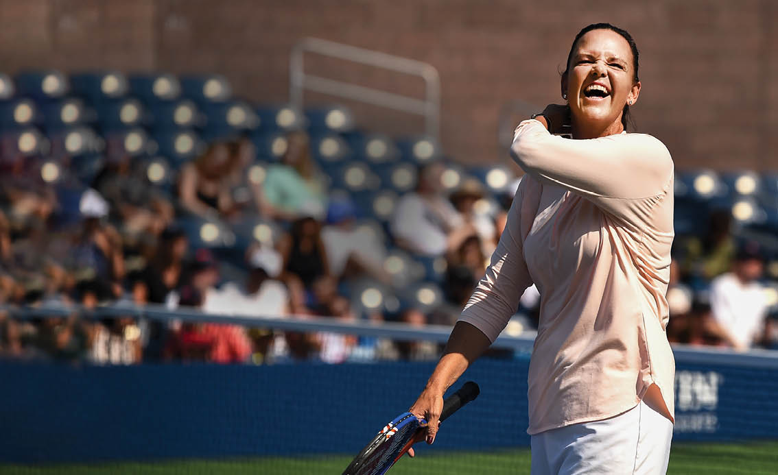 August 24, 2018 - Lindsay Davenport and her partner Michael Chang in action against Martina Navratilova and Jan-Michael Gambill during the legends match at the 2018 US Open.