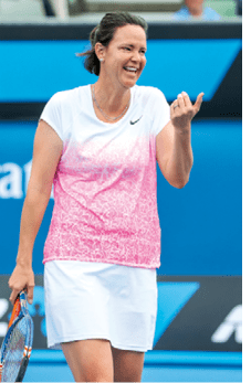 MELBOURNE, AUSTRALIA - JANUARY 27: Lindsay Davenport of the United States in action in their legends doubles match during day nine of the 2015 Australian Open at Melbourne Park on January 27, 2015 in Melbourne, Australia.  (Photo by Patrick Scala/Getty Images)