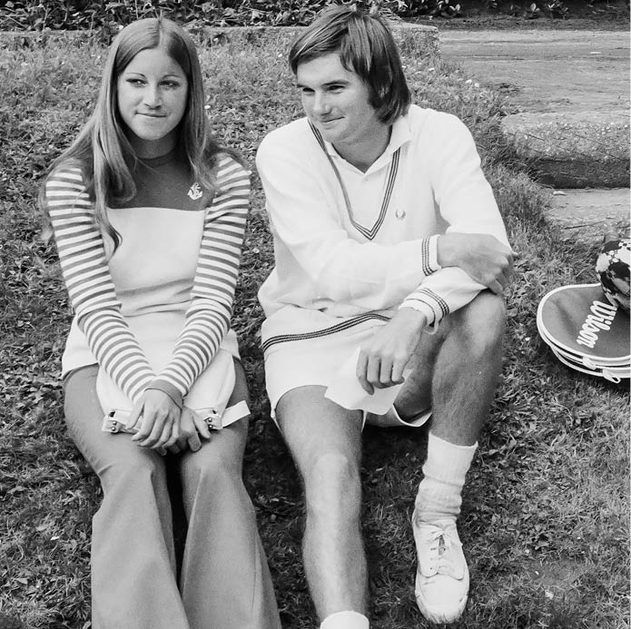 During a short break of the French Open Tennis Championship at the French Garros Stadium in Paris, France, May 30, 1973 from left are, Chris Evert of Fort Lauderdale, Fla.; Jimmy Connors of Bellevill, Ill.; Mrs. Colette Evert and Caroline Connors (AP Photo/Bodini)