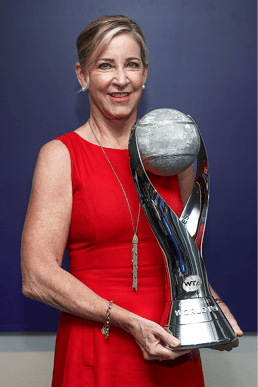 SINGAPORE - OCTOBER 26: Chris Evert poses with the WTA World Number One singles trophy named in her honor on Day 8 of the BNP Paribas WTA Finals Singapore presented by SC Global at Singapore Sports Hub on October 28, 2018 in Singapore.  (Photo by Matthew Stockman/Getty Images)