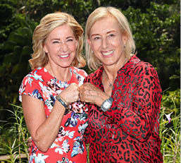 SINGAPORE - OCTOBER 24: Legends Chris Evert and Martina Navratilova laugh as they pose for a photo about their long time rivarly at during day 4 of the BNP Paribas WTA Finals Singapore presented by SC Global at Gardens by the Bay on October 24, 2018 in Singapore. (Photo by Clive Brunskill/Getty Images)