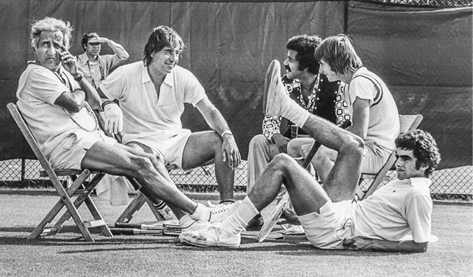 Black and white print of the 1974 US Open with Pancho Segura, Pancho Gonzalez, Jimmy Connors, Spencer Segura