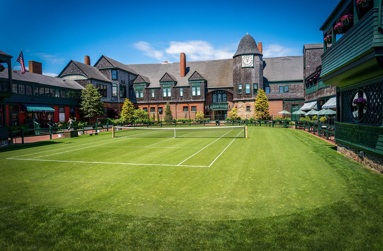 Newport, Rhode Island -2022: The Newport Casino athletic complex and recreation center. Home of: International Tennis Hall of Fame, National Tennis Club, Horseshoe Courtyard, Hall of Fame Open