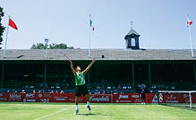 NEWPORT, RI - JULY 4: Robby Ginepri of the USA returns a shot during his match against Scott Oudsema of the USA on July 4, 2005 in the first round of the Campbell's Hall of Fame Tennis Championships at the Tennis Hall of Fame in Newport, Rhode Island.  (Photo by Ezra Shaw/Getty Images)