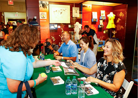 NEWPORT, RHODE ISLAND - JULY 20: Mary Pierce greets a fan during the fan session in the museum at the International Tennis Hall of Fame on July 20, 2019 in Newport, Rhode Island. (Photo by Omar Rawlings/Getty Images for International Tennis Hall of Fame)