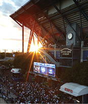 An overall view of Arthur Ashe Stadium around the grounds at the 2021 US Open, Monday, Sep. 6, 2021 in Flushing, NY. (Jed Jacobsohn/USTA)
