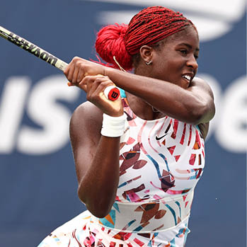 Clervie Ngounoue in action during a women's singles match at the 2023 US Open, Monday, Aug. 28, 2023 in Flushing, NY. (Dustin Satloff/USTA)