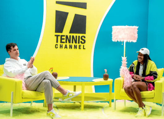 March 21, 2023; Miami, FL Tennis Channel’s Michael Kosta interviews Coco Gauff (USA) for Tennis Channel’s Warm & Fuzzy, year 2 version during the 2023 Itau Miami Open.