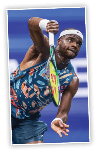 NEW YORK, NEW YORK - SEPTEMBER 05: Frances Tiafoe of the United States serves against Ben Shelton of the United States during their Men's Singles Quarterfinal match on Day Nine of the 2023 US Open at the USTA Billie Jean King National Tennis Center on September 05, 2023 in the Flushing neighborhood of the Queens borough of New York City. (Photo by Matthew Stockman/Getty Images)